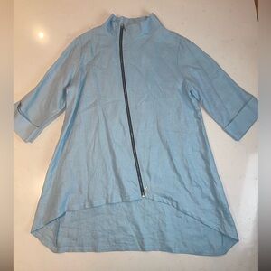 Comfy USA Linen Lite Blue Zip Tunic Jacket Hi Lo Asymmetrical Women’s Top Small
